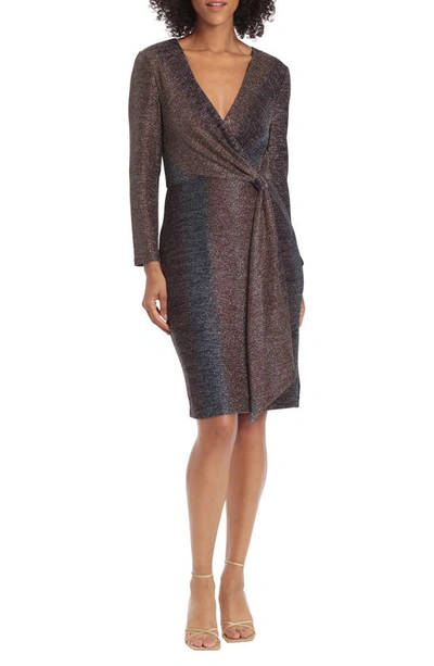 Maggy London Metallic Long Sleeve Wrap Dress In Bronze Multi