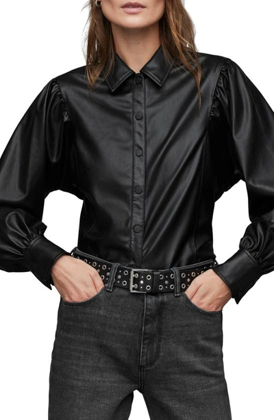 Allsaints Bella Balloon-sleeved Faux-leather Shirt In Black