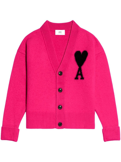 Ami Alexandre Mattiussi Ami Paris Logo-intarsia Wool Cardigan In Neon Fuchsia/noir