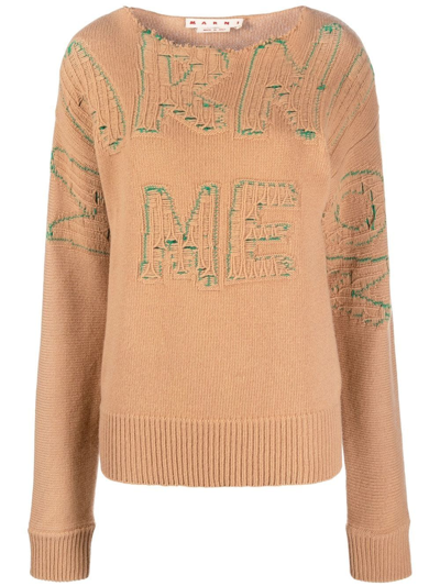 Marni Logo-embroidered Knitted Jumper In Neutrals