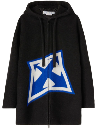Off-white Arrow-print Hooded Coat In Black,blue