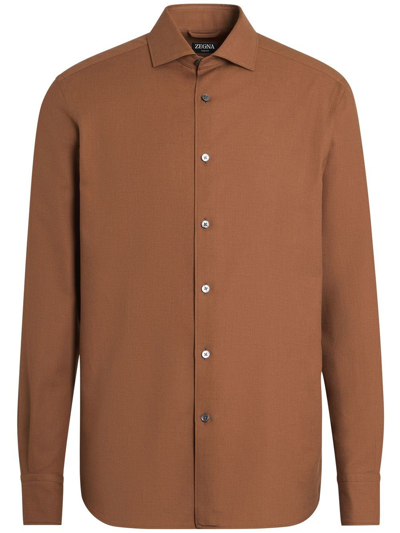 Zegna Cashco Long-sleeve Button-up Shirt In Brown