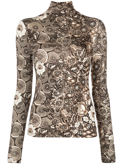 Ulla Johnson Aurelia Printed Tricot Turtleneck Top In Brown