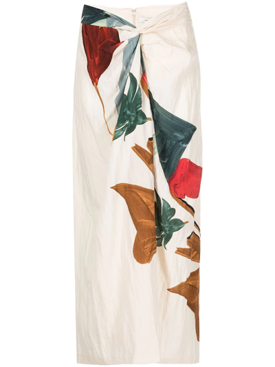 Vince Painted Abstract Pattern Draped Knot Midi Skirt In Neutrals