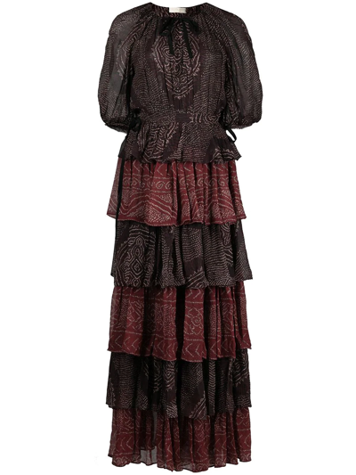 Ulla Johnson Emi Mixed Print Tiered Silk Dress In Garnet