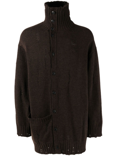 Yohji Yamamoto Drop Needle Turtleneck Knitted Cardigan In Brown