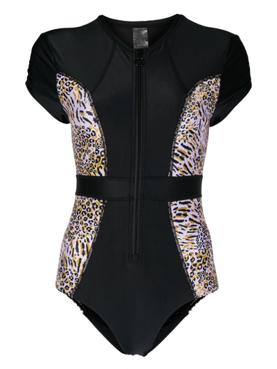 Duskii Leopard-print Cap-sleeve Swimsuit In Black