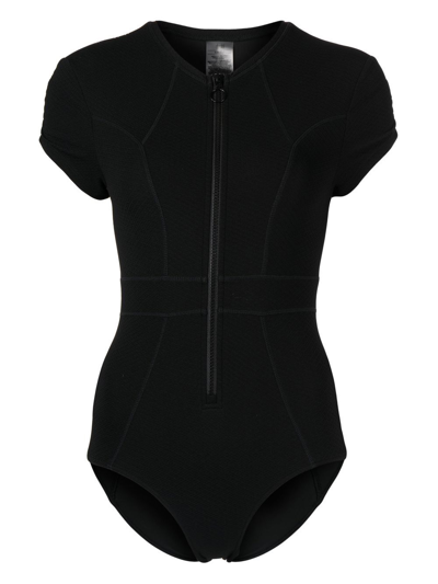 Duskii Cap-sleeve Ribbed Swimsuit In Black