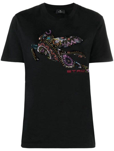 Etro Logo-embroidered Cotton T-shirt In Black