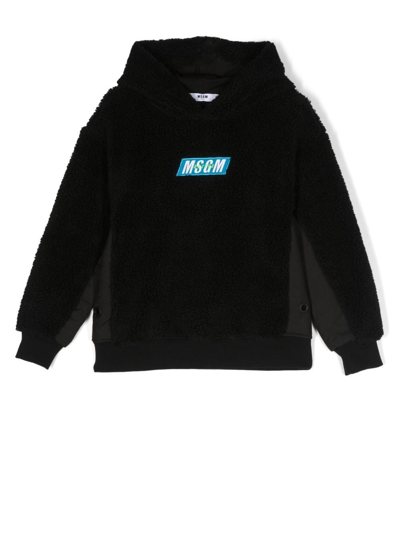 Msgm Logo-embroidered Teddy Hoodie In Schwarz