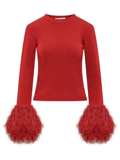 Jw Anderson Pom Pom Fringed Stretch-knit Sweater In Red