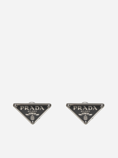 Prada Enamel Triangle Logo Clip Earring, Right In Black