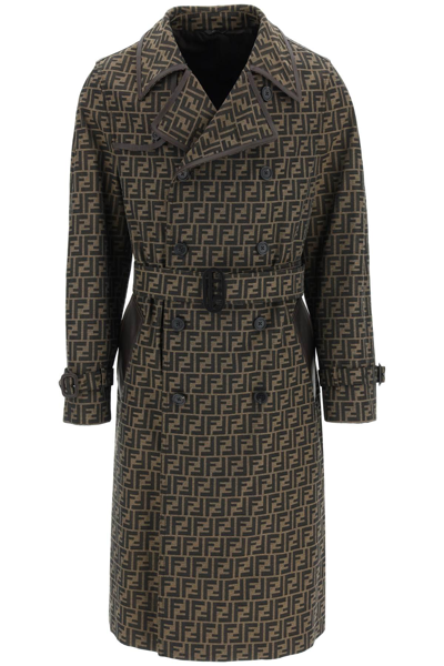 Fendi Belted Leather-trimmed Logo-jacquard Canvas Trench Coat In Brown