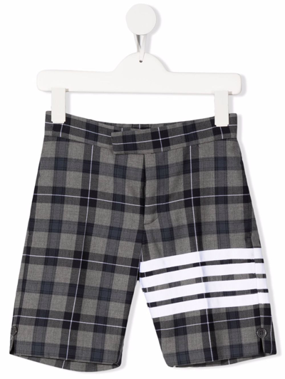 Thom Browne Kids' 4-bar Tartan Bermuda Shorts In Grey