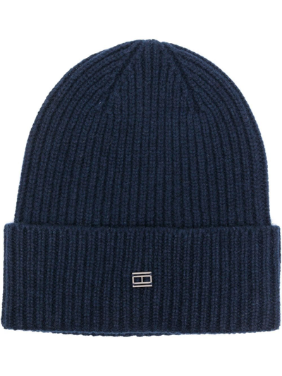 Tommy Hilfiger Logo-plaque Ribbed Beanie In Blue