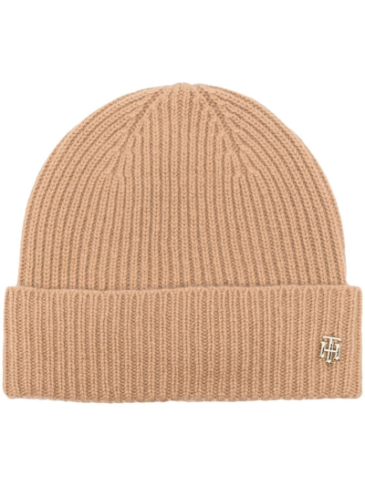 Tommy Hilfiger Logo-plaque Cashmere Beanie In Neutrals