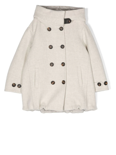 Brunello Cucinelli Kids' Double-breasted Button Hooded Coat In Neutrals