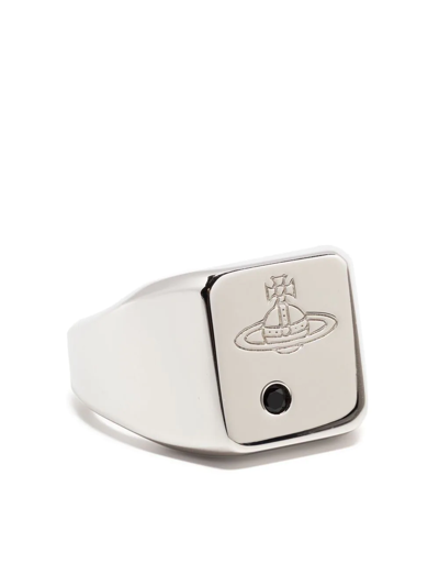 Vivienne Westwood Engraved Orb Logo Ring In P171 Platinum / Blac