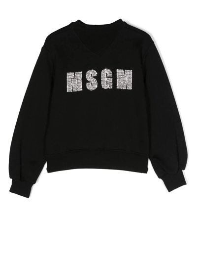 Msgm Kids' Cotton Bead-embellished Sweatshirt In Black