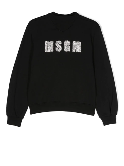 Msgm Teen Bead-embellished Cotton Sweatshirt In Black