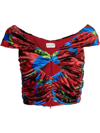 Magda Butrym Off-the-shoulder Cropped Cutout Floral-print Velvet Top In Blue