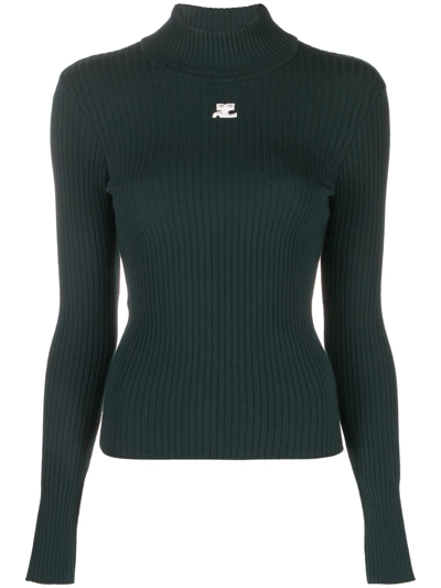 Courrèges Logo-patch Ribbed-knit Jumper In Green