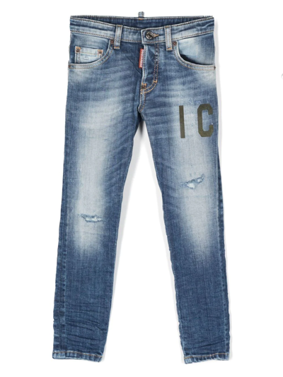 Dsquared2 Kids' Icon-print Slim-cut Jeans In Blue