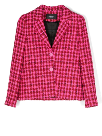 Versace Kids' Check Print Wool-blend Jacket In Fucsia