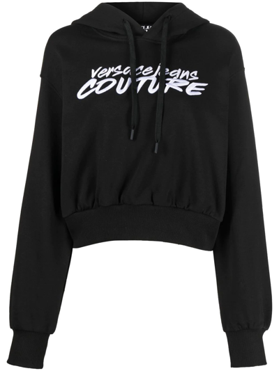 Versace Jeans Couture Logo-embroidered Cropped Hoodie In Black