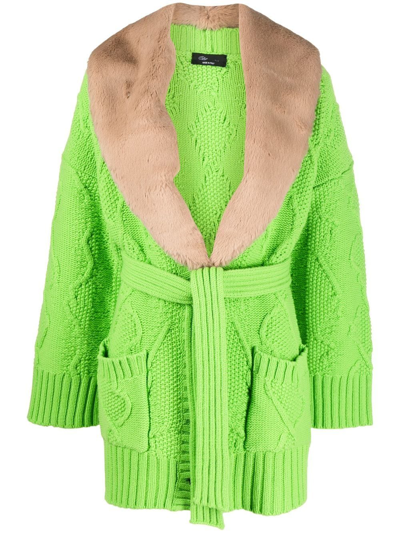 Blumarine Faux Fur-trimmed Wool Cardigan In Green