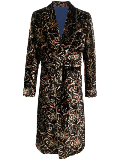 Etro Shawl-collar Floral-jacquard Velvet Overcoat In Black