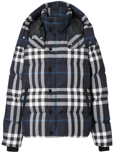 Burberry Detachable Hood Night Check Puffer Jacket In White/dark Charcoal Blue