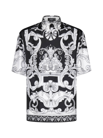 Versace Informal Shirt In Silk With Silver Baroque Print In Black
