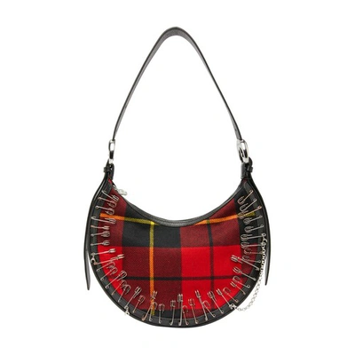 Marine Serre Crescent Moon Tartan Wool And Leather Shoulder Bag In Red
