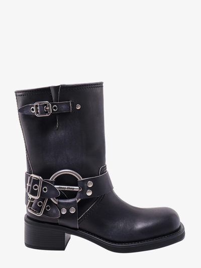 Miu Miu Big Buckles Black Leather Boots