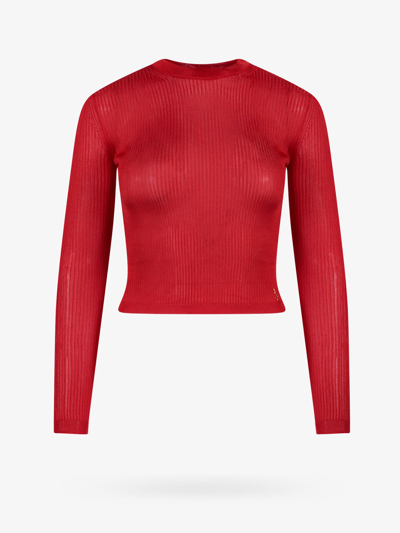 Saint Laurent Ribbed Long-sleeve Top With Monogram Hardware In Red