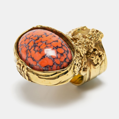 Pre-owned Saint Laurent Arty Coral Glass Cabochon Gold Tone Ring Size 55 In Orange