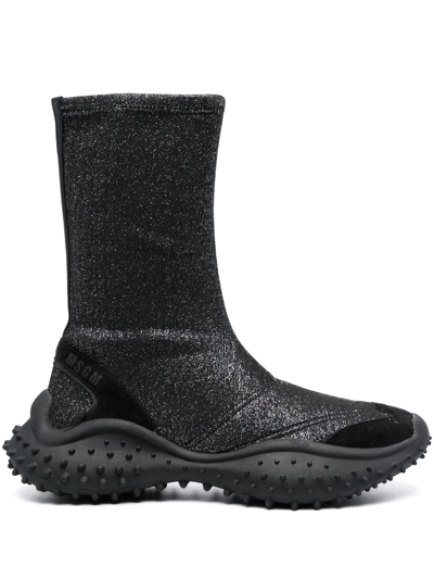 Msgm Glitter-finish Ankle Boots In Schwarz