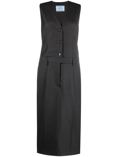 Prada Sleeveless V-neck Wool Dress With Belted Waist In Grey