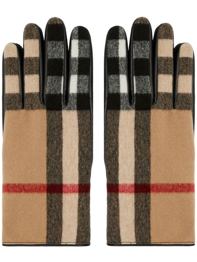 Burberry Men's Exaggerated Check Wool & Leather Gloves In Braun