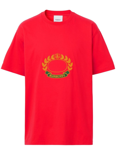 Burberry Purley Embroidered Stretch Cotton Logo Tee In Bright Red