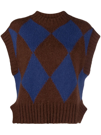 La Doublej Argyle-check Knitted Vest In Bordeaux/blue