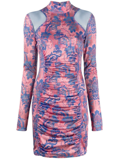 Versace Jeans Couture Gathered Paisley-print Minidress In Rosa