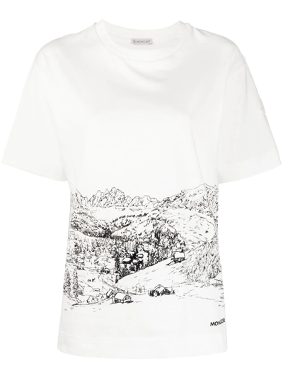 Moncler Illustration Print Cotton T-shirt In White