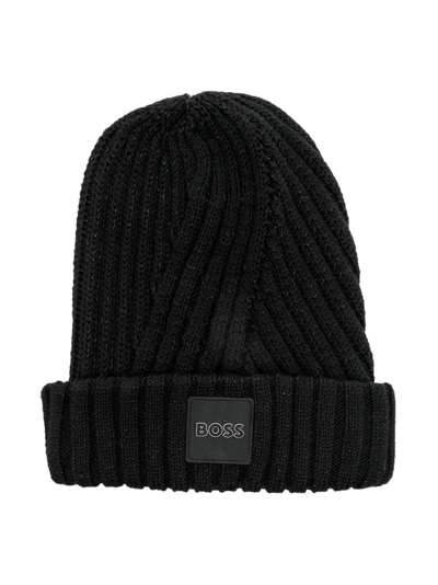 Bosswear Kids' Knitted Logo-patch Hat In Black