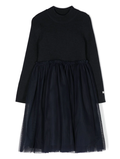 Donsje Kids' Girls Navy Blue Knitted & Tulle Dress
