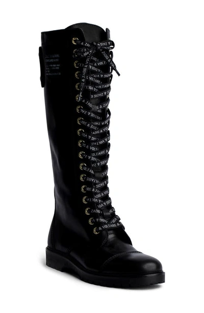 Zadig & Voltaire Joe Logo-print Lace-up Knee-high Leather Boots In Black