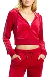 Juicy Couture Classic Recycled Polyester Blend Velour Zip Front Crop Hoodie In Coco Red