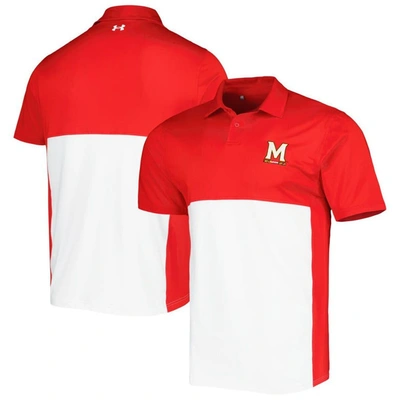 Under Armour Men's  Red, White Maryland Terrapins Green Blocked Polo Shirt Performance Polo Shirt In Red,white