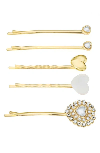 Ettika Assorted 5-pack Crystal & Imitation Pearl Heart Hair Pins In Gold
